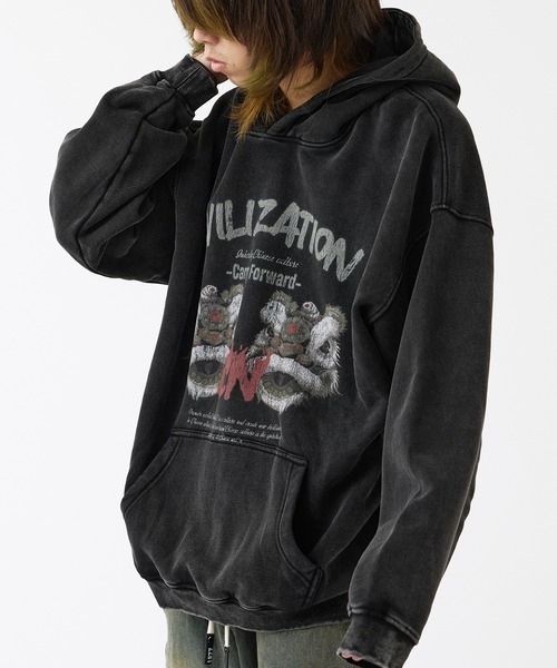セール】Vintage Like Two Face Print Hoodie / ヴィンテージ風ツー