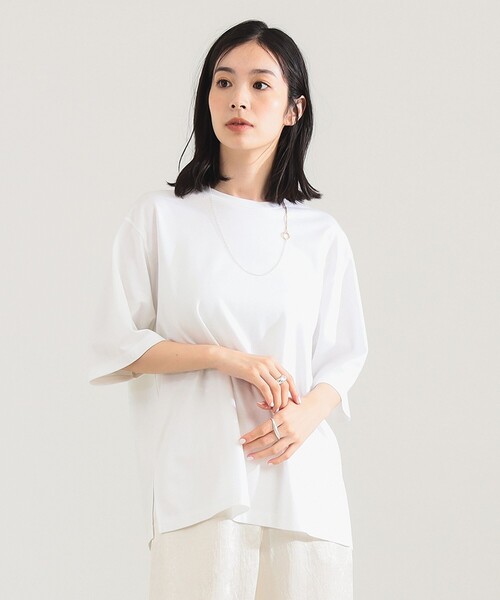 Demi-Luxe BEAMS（デミルクス ビームス）の「【1/9再値下げ】ポンチ ハーフスリーブ Tシャツ［手洗い可］（Tシャツ/カットソー・レディース・ホワイト/ダークブラウン・ONE SIZE）」の2枚目の写真