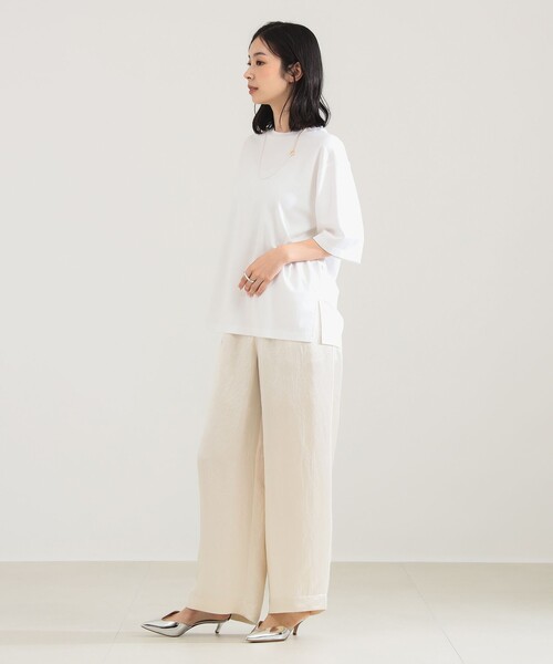 Demi-Luxe BEAMS（デミルクス ビームス）の「【1/9再値下げ】ポンチ ハーフスリーブ Tシャツ［手洗い可］（Tシャツ/カットソー・レディース・ホワイト/ダークブラウン・ONE SIZE）」の4枚目の写真