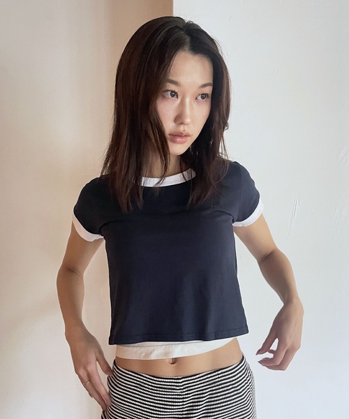 FOLLOWIN（フォロウィン）の「[FLW MADE]ベーシックカラーリンガーTシャツ（Tシャツ/カットソー・レディース・ネイビー/ブルー/グレー・FREE）」の3枚目の写真