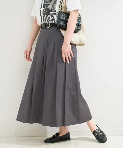 B.C STOCK（ベーセーストック）の「手洗い可 / ベルト付きダブルピッチタックスカート（スカート・レディース・チャコールグレー/ブラウン・FREE）」の2枚目の写真