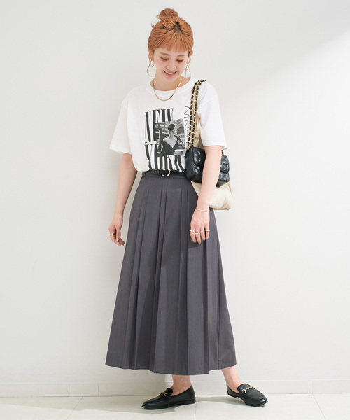 B.C STOCK（ベーセーストック）の「手洗い可 / ベルト付きダブルピッチタックスカート（スカート・レディース・チャコールグレー/ブラウン・FREE）」の3枚目の写真