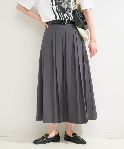 B.C STOCK（ベーセーストック）の「手洗い可 / ベルト付きダブルピッチタックスカート（スカート・レディース・チャコールグレー/ブラウン・FREE）」の7枚目の写真