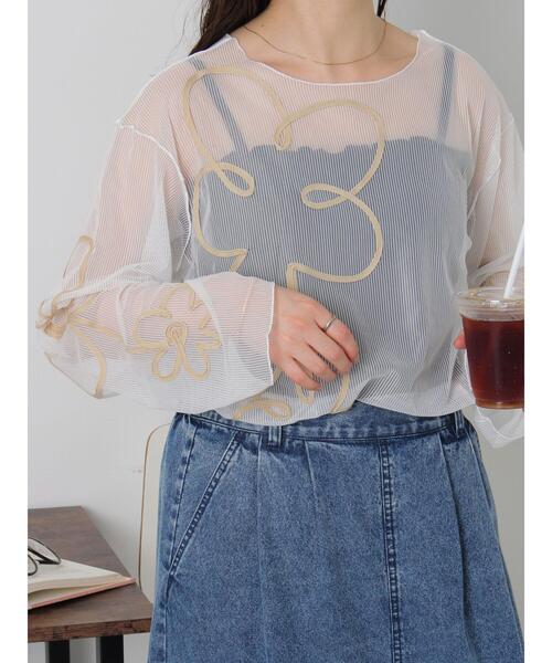 ehka sopo（エヘカソポ）の「◎コード刺繍シアープルオーバー（Tシャツ/カットソー・レディース・オフホワイト/ブラック/ピンク/グリーン・F）」の2枚目の写真