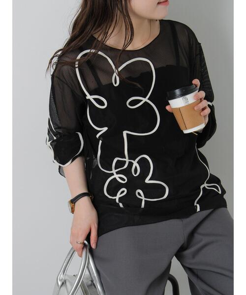 ehka sopo（エヘカソポ）の「◎コード刺繍シアープルオーバー（Tシャツ/カットソー・レディース・オフホワイト/ブラック/ピンク/グリーン・F）」の14枚目の写真