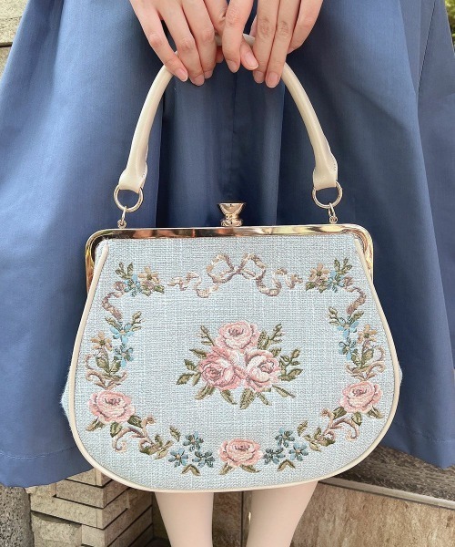 アンアナザーアンジェラス リボンローズ刺繍がま口バッグ ブルー リボンローズ刺繍がま口バッグ(ハンドバッグ)|an another