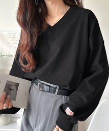 Tシャツ/カットソー（ブラック/黒色系・Vネック）ファッション