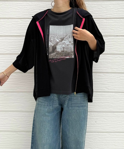 Q（キュー）の「フォトフレンチT（Tシャツ/カットソー・レディース・チャコールグレー/ホワイト・MEDIUM）」の18枚目の写真