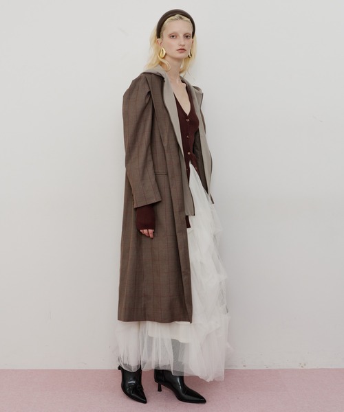 セール】フーディ×チェック2way longジャケット（チェスターコート