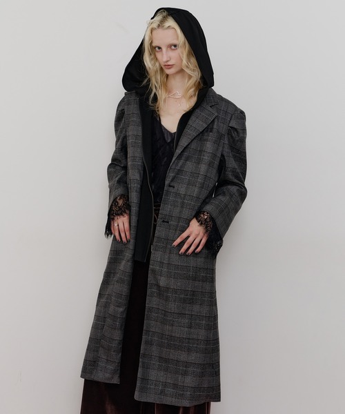 セール】フーディ×チェック2way longジャケット（チェスターコート