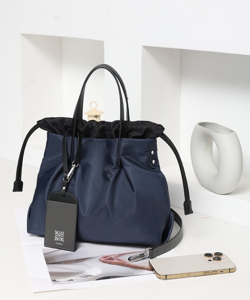 PADMA(パドマ)の「【PADMA/パドマ】ナイロン×レザー 巾着ミニトートバッグ(ビジネスバッグ・レディース・グレー/カーキ/ピンク/ワイン/ベージュ/ブラック/ネイビー・FREE)」の15枚目の写真