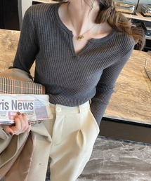 【6色展開】 リブニット キーネック プルオーバー シンプル ストレッチ 長袖ニット レイヤードトップス オフィスカジュアル きれいめカジュアル レディース