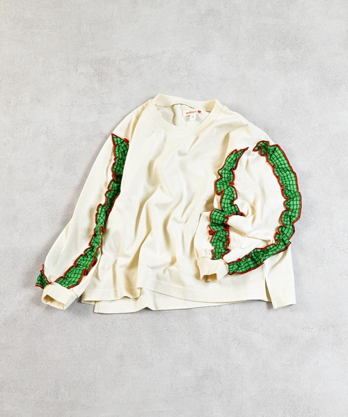 MARKEY'S（マーキーズ）の「ショルダーチェックフリルロンティー（Tシャツ/カットソー・キッズ・チャコール/ホワイト/ライトグリーン/レッド・90/100/110/120/130/140/150）」の2枚目の写真