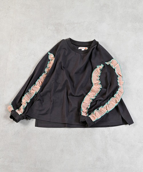 MARKEY'S（マーキーズ）の「ショルダーチェックフリルロンティー（Tシャツ/カットソー・キッズ・チャコール/ホワイト/ライトグリーン/レッド・90/100/110/120/130/140/150）」の3枚目の写真