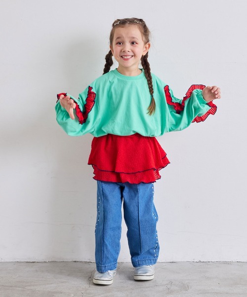 MARKEY'S（マーキーズ）の「ショルダーチェックフリルロンティー（Tシャツ/カットソー・キッズ・チャコール/ホワイト/ライトグリーン/レッド・90/100/110/120/130/140/150）」の13枚目の写真