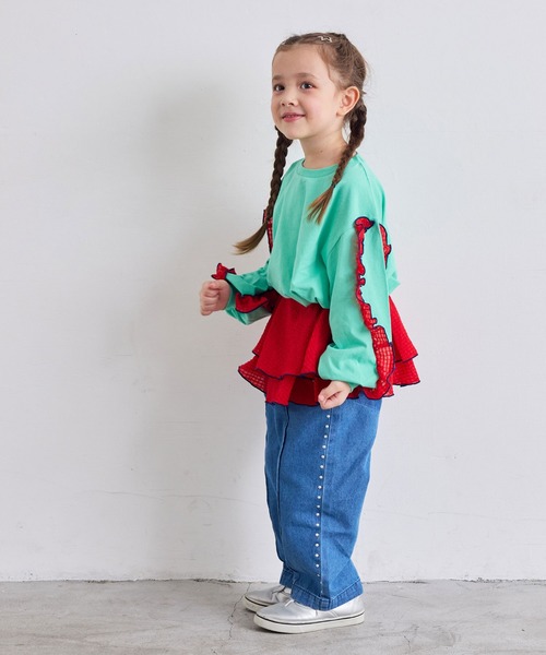 MARKEY'S（マーキーズ）の「ショルダーチェックフリルロンティー（Tシャツ/カットソー・キッズ・チャコール/ホワイト/ライトグリーン/レッド・90/100/110/120/130/140/150）」の14枚目の写真