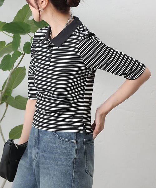 COLONY 2139（コロニートゥーワンスリーナイン）の「リブボーダーポロシャツ（ポロシャツ・レディース・ブラック系その他/ブラック・FREE）」の2枚目の写真