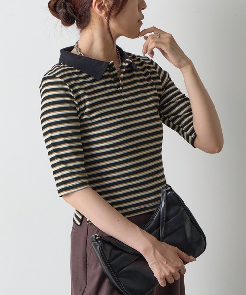 COLONY 2139（コロニートゥーワンスリーナイン）の「リブボーダーポロシャツ（ポロシャツ・レディース・ブラック系その他/ブラック・FREE）」の4枚目の写真