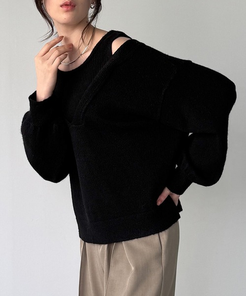 junoah(ジュノア)の「レイヤード風Vネックニット(薄手)(ニット/セーター・レディース・チャコール/ブラック/アイボリー・MEDIUM/LARGE)」の6枚目の写真