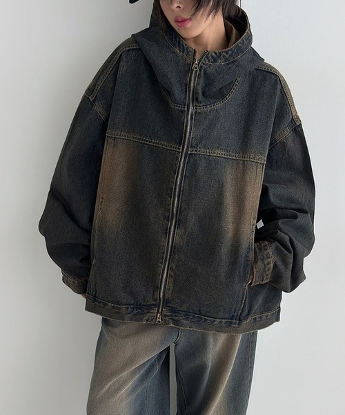ASCLO(エジュクロ)の「【UNISEX】ASCLO/フードデニムジャケット(デニムジャケット・メンズ・ブルー/ブラック・FREE)」の2枚目の写真