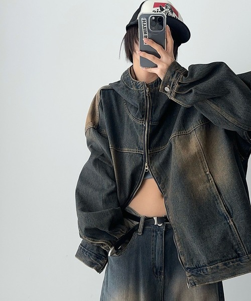 ASCLO(エジュクロ)の「【UNISEX】ASCLO/フードデニムジャケット(デニムジャケット・メンズ・ブルー/ブラック・FREE)」の3枚目の写真