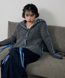 ribbon sailor color knit cardigan /リボンセーラーカラーリブニットカーディガン