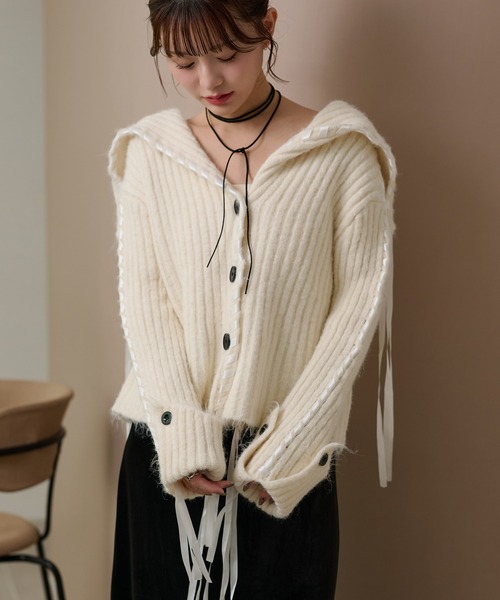 LAULEN(ローレン)の「ribbon sailor color knit cardigan /リボンセーラーカラーリブニットカーディガン(カーディガン/ボレロ・レディース・アイボリー/グレー/チャコールグレー・FREE)」の2枚目の写真