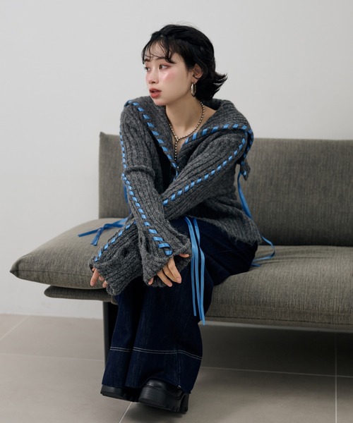 LAULEN(ローレン)の「ribbon sailor color knit cardigan /リボンセーラーカラーリブニットカーディガン(カーディガン/ボレロ・レディース・アイボリー/グレー/チャコールグレー・FREE)」の20枚目の写真