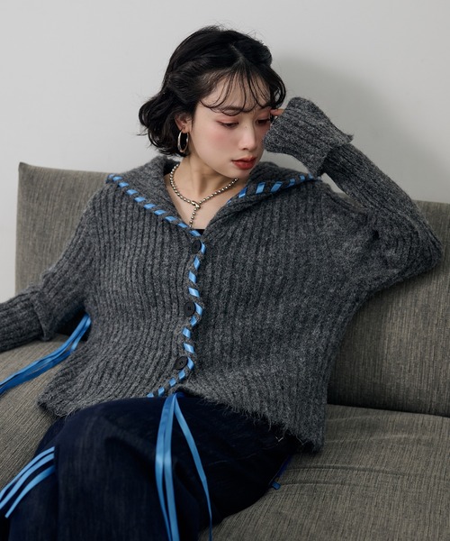 LAULEN(ローレン)の「ribbon sailor color knit cardigan /リボンセーラーカラーリブニットカーディガン(カーディガン/ボレロ・レディース・アイボリー/グレー/チャコールグレー・FREE)」の21枚目の写真