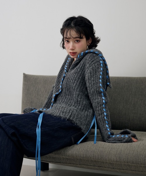 LAULEN(ローレン)の「ribbon sailor color knit cardigan /リボンセーラーカラーリブニットカーディガン(カーディガン/ボレロ・レディース・アイボリー/グレー/チャコールグレー・FREE)」の22枚目の写真