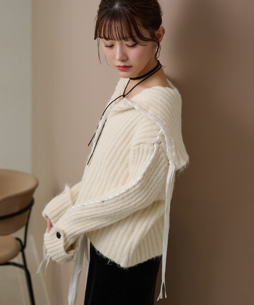 LAULEN(ローレン)の「ribbon sailor color knit cardigan /リボンセーラーカラーリブニットカーディガン(カーディガン/ボレロ・レディース・アイボリー/グレー/チャコールグレー・FREE)」の4枚目の写真