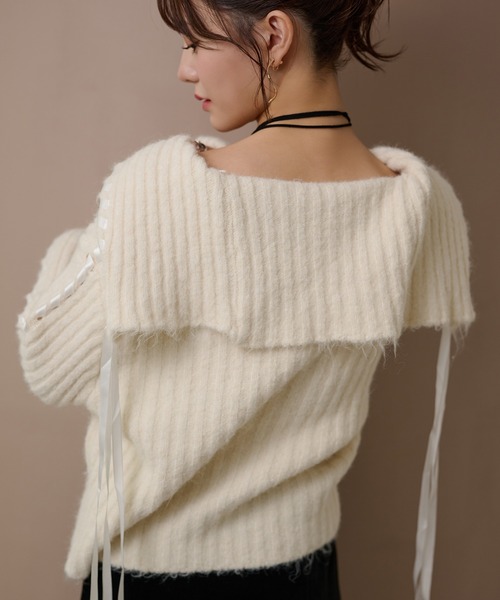 LAULEN(ローレン)の「ribbon sailor color knit cardigan /リボンセーラーカラーリブニットカーディガン(カーディガン/ボレロ・レディース・アイボリー/グレー/チャコールグレー・FREE)」の5枚目の写真