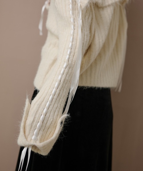 LAULEN(ローレン)の「ribbon sailor color knit cardigan /リボンセーラーカラーリブニットカーディガン(カーディガン/ボレロ・レディース・アイボリー/グレー/チャコールグレー・FREE)」の6枚目の写真
