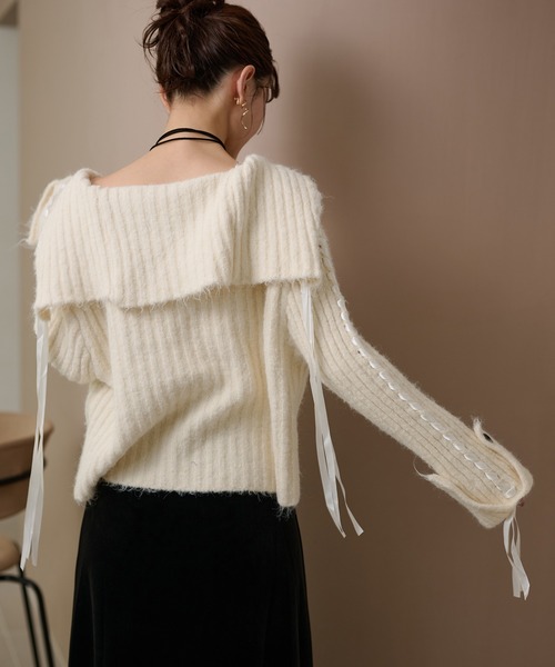 LAULEN(ローレン)の「ribbon sailor color knit cardigan /リボンセーラーカラーリブニットカーディガン(カーディガン/ボレロ・レディース・アイボリー/グレー/チャコールグレー・FREE)」の7枚目の写真