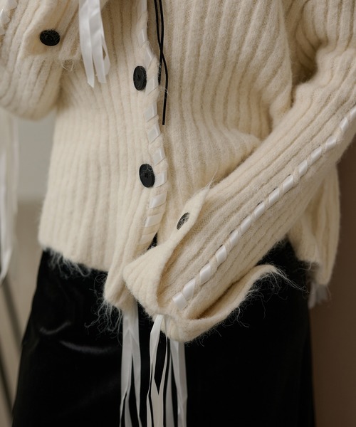LAULEN(ローレン)の「ribbon sailor color knit cardigan /リボンセーラーカラーリブニットカーディガン(カーディガン/ボレロ・レディース・アイボリー/グレー/チャコールグレー・FREE)」の9枚目の写真