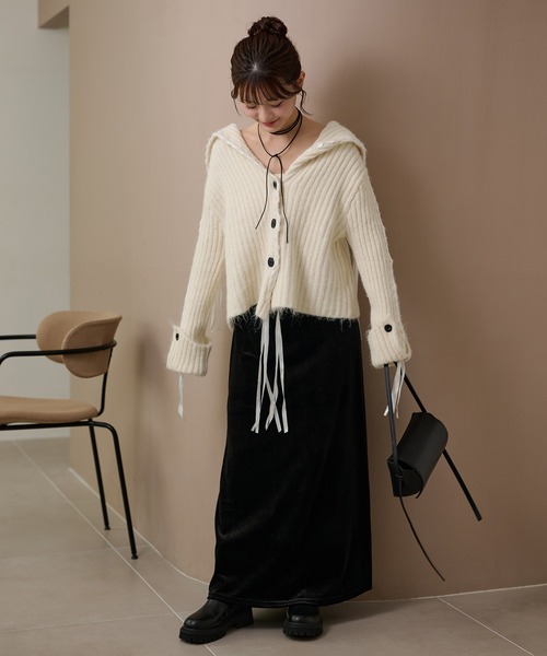 LAULEN(ローレン)の「ribbon sailor color knit cardigan /リボンセーラーカラーリブニットカーディガン(カーディガン/ボレロ・レディース・アイボリー/グレー/チャコールグレー・FREE)」の11枚目の写真