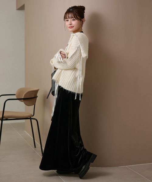 LAULEN(ローレン)の「ribbon sailor color knit cardigan /リボンセーラーカラーリブニットカーディガン(カーディガン/ボレロ・レディース・アイボリー/グレー/チャコールグレー・FREE)」の12枚目の写真