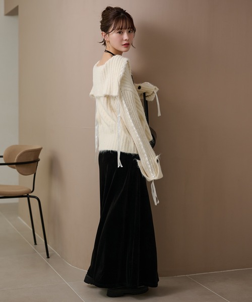 LAULEN(ローレン)の「ribbon sailor color knit cardigan /リボンセーラーカラーリブニットカーディガン(カーディガン/ボレロ・レディース・アイボリー/グレー/チャコールグレー・FREE)」の14枚目の写真