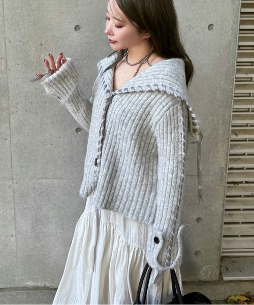 LAULEN(ローレン)の「ribbon sailor color knit cardigan /リボンセーラーカラーリブニットカーディガン(カーディガン/ボレロ・レディース・アイボリー/グレー/チャコールグレー・FREE)」の15枚目の写真