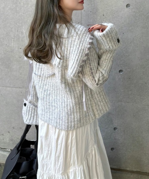 LAULEN(ローレン)の「ribbon sailor color knit cardigan /リボンセーラーカラーリブニットカーディガン(カーディガン/ボレロ・レディース・アイボリー/グレー/チャコールグレー・FREE)」の16枚目の写真