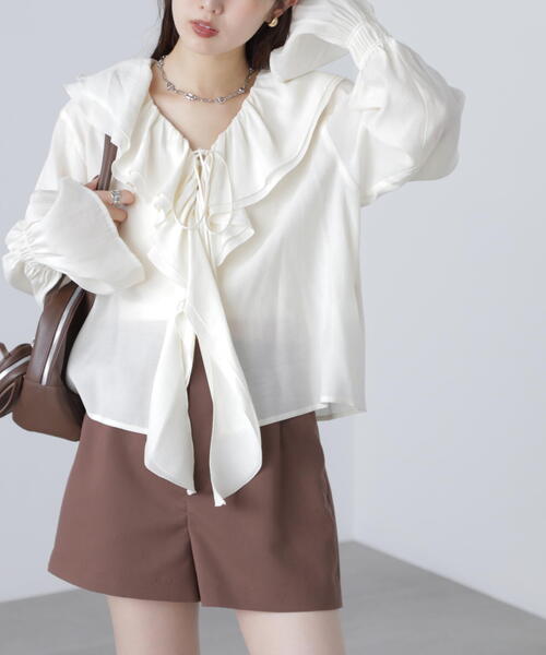 FREE'S MART（フリーズマート）の「ダブルラッフルフリルブラウス（シャツ/ブラウス・レディース・ホワイト系その他/ブルー/ホワイト・FREE）」の5枚目の写真