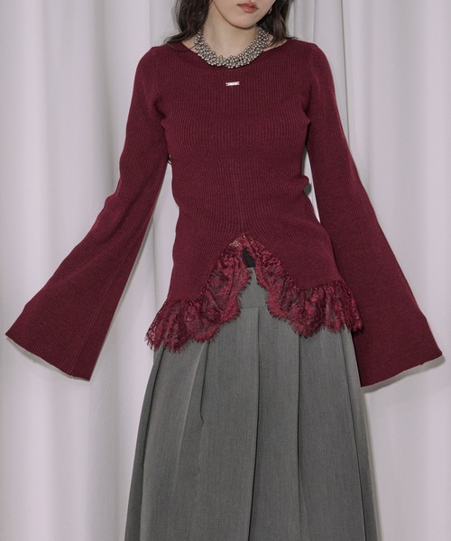 Ezick（エジック）の「lace-trimmed rib knit ヘムレースリブニット（ニット/セーター・レディース・ボルドー/ブラック/アイボリー/ライトブルー・FREE）」の4枚目の写真