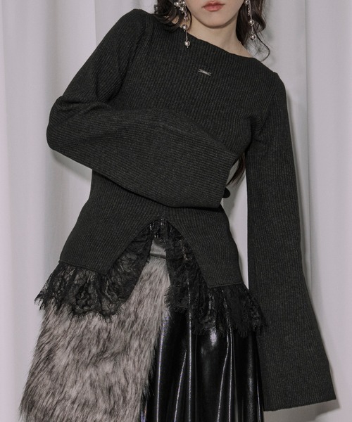 Ezick（エジック）の「lace-trimmed rib knit ヘムレースリブニット（ニット/セーター・レディース・ボルドー/ブラック/アイボリー/ライトブルー・FREE）」の8枚目の写真