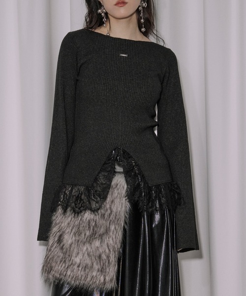 Ezick（エジック）の「lace-trimmed rib knit ヘムレースリブニット（ニット/セーター・レディース・ボルドー/ブラック/アイボリー/ライトブルー・FREE）」の9枚目の写真