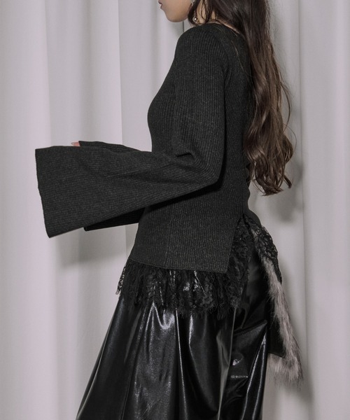 Ezick（エジック）の「lace-trimmed rib knit ヘムレースリブニット（ニット/セーター・レディース・ボルドー/ブラック/アイボリー/ライトブルー・FREE）」の16枚目の写真