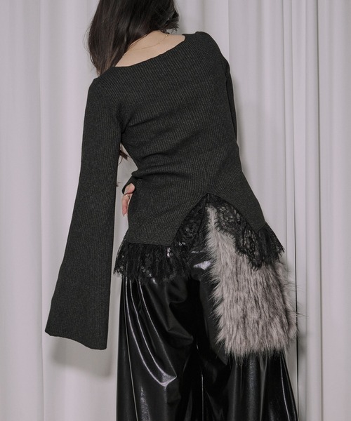 Ezick（エジック）の「lace-trimmed rib knit ヘムレースリブニット（ニット/セーター・レディース・ボルドー/ブラック/アイボリー/ライトブルー・FREE）」の17枚目の写真