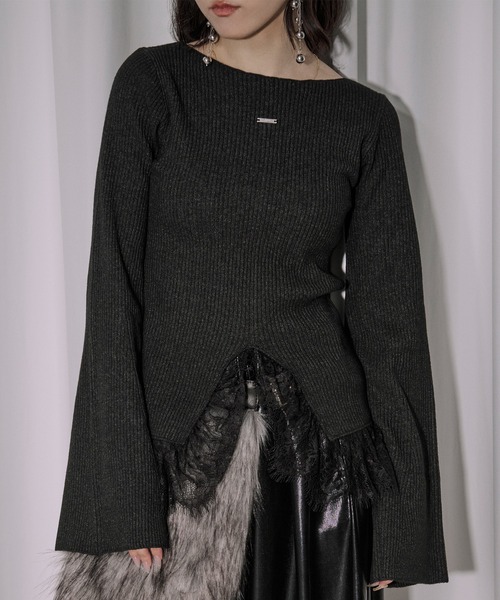 Ezick（エジック）の「lace-trimmed rib knit ヘムレースリブニット（ニット/セーター・レディース・ボルドー/ブラック/アイボリー/ライトブルー・FREE）」の10枚目の写真