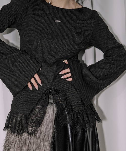 Ezick（エジック）の「lace-trimmed rib knit ヘムレースリブニット（ニット/セーター・レディース・ボルドー/ブラック/アイボリー/ライトブルー・FREE）」の13枚目の写真