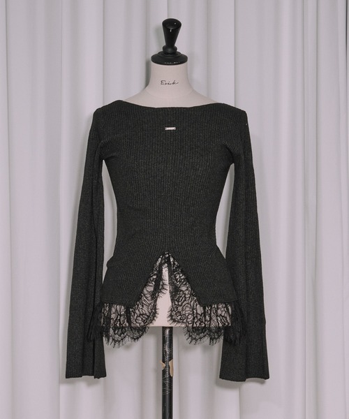 Ezick（エジック）の「lace-trimmed rib knit ヘムレースリブニット（ニット/セーター・レディース・ボルドー/ブラック/アイボリー/ライトブルー・FREE）」の5枚目の写真