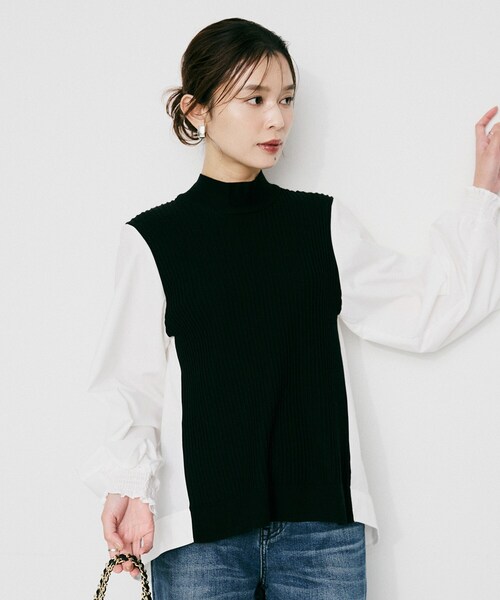 UNTITLED(アンタイトル)の「【TORRAZZO DONNA】ニット×ファブリック ハイブリッドブラウス(シャツ/ブラウス・レディース・ネイビー/ブラック/ブラック系4・02)」の1枚目の写真